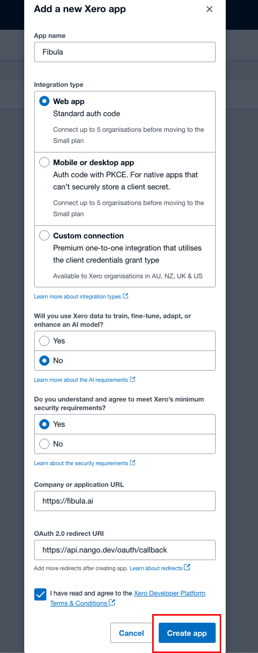 The Xero new app form filled in with name, company URL, and OAuth redirect URI